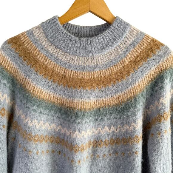 J.Crew Fair Isle Yoke Puff-Sleeve Alpaca Wool Sweater Nordic Style Blue Cream, M - Picture 4 of 12